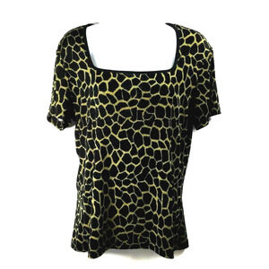 Womens Large Animal Print Top Square Neck Short Sleeve Green Black Stretch Comfy